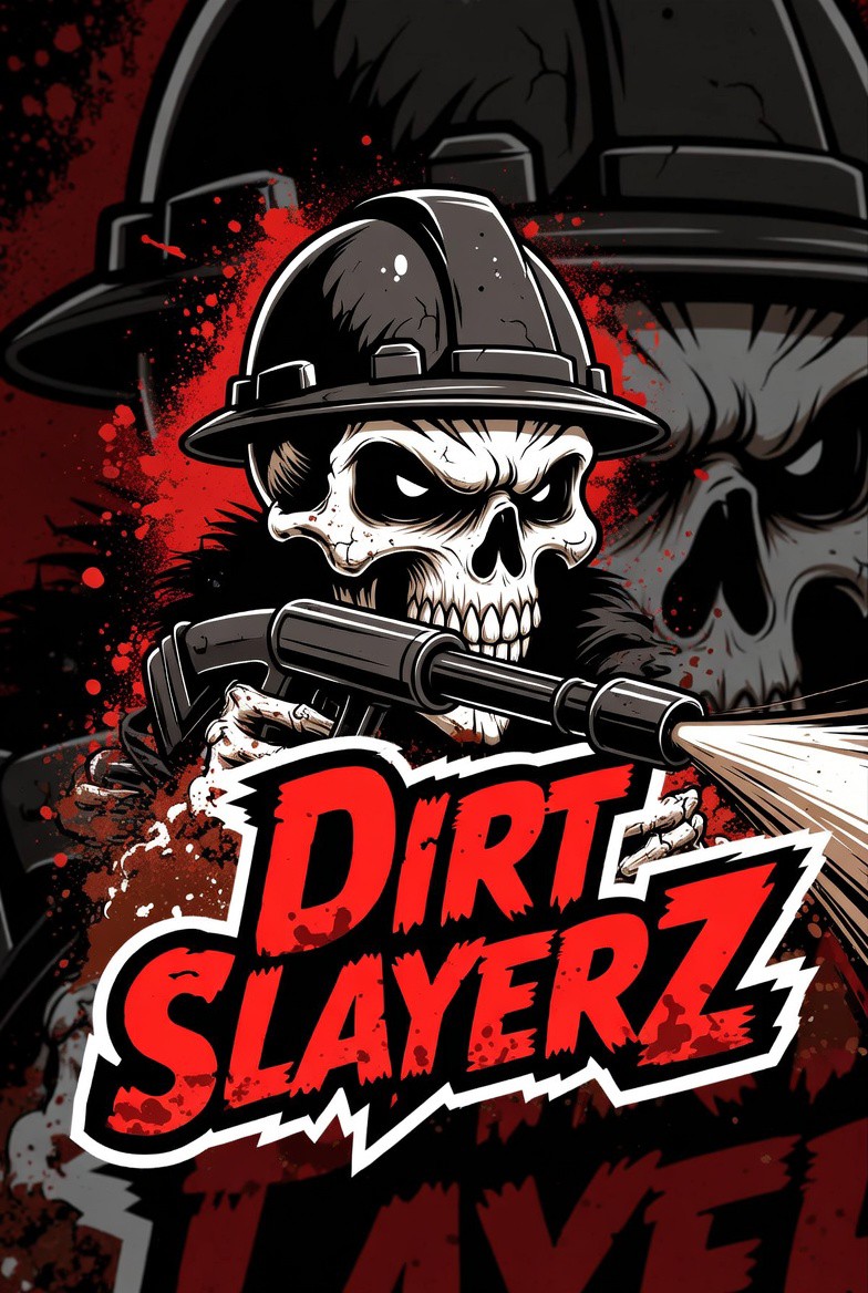 Dirt Slayerz illustrated brand mark with skull and pressure washer